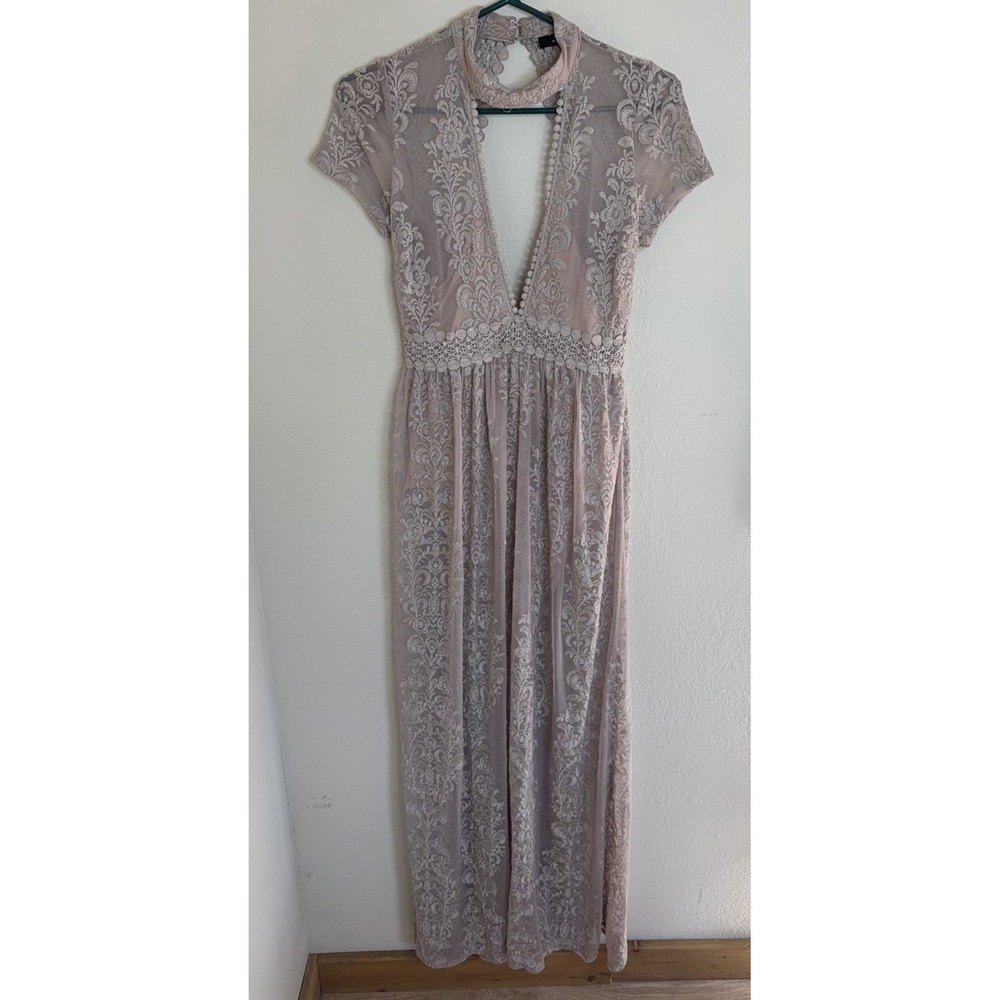 Sheer Lace Maxi Dress‎ Empire Waste Womens Medium Boho Croquet Formal Bodysuit